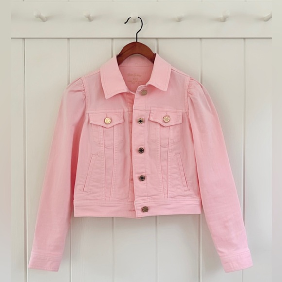 Lilly Pulitzer Jackets & Blazers - Lilly Pulitzer Laylani Pink Denim Jacket Ruffle Shoulder Cropped Fitted Gold XXS